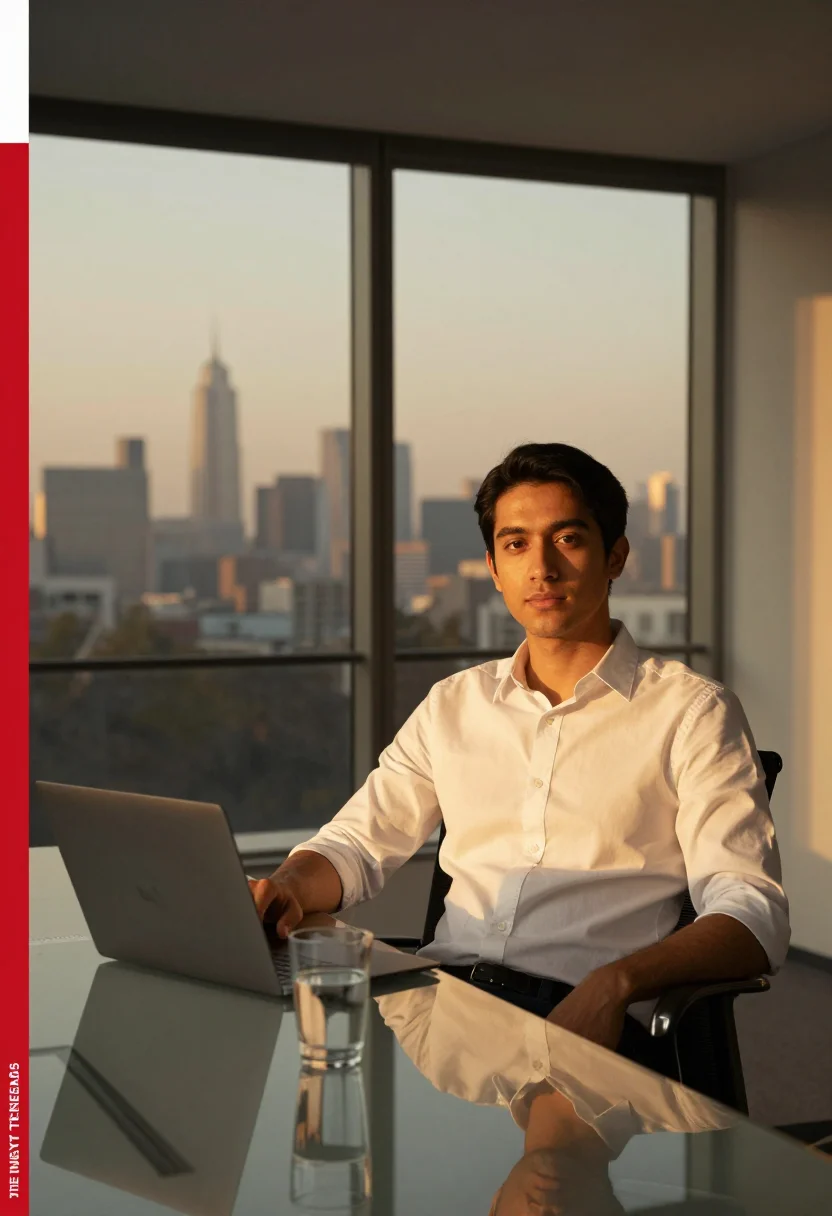 AI forbes 30 under 30 sample — half-length portrait of a man in his late twenties with warm