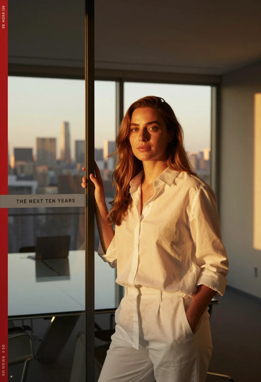 AI forbes 30 under 30 sample — half-length portrait of a woman in her late twenties with go