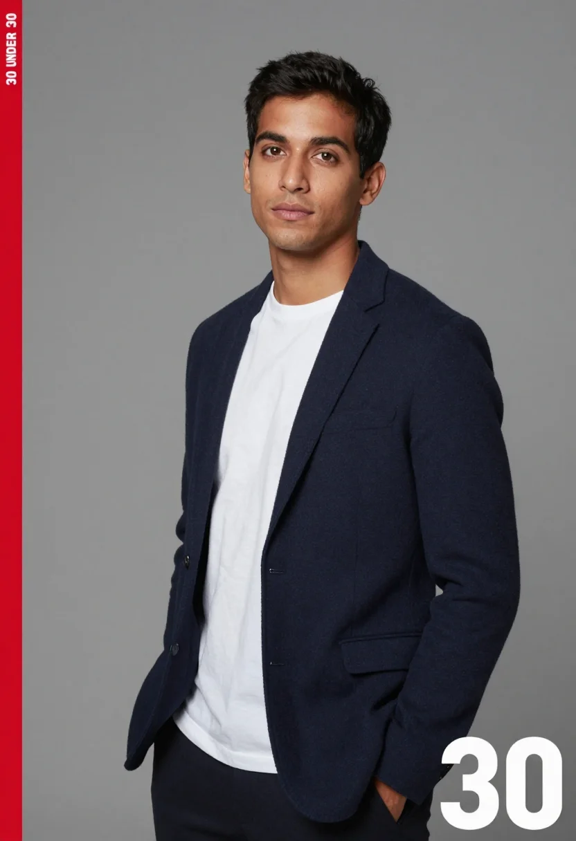 AI forbes 30 under 30 sample — half-length portrait of a man in his late twenties with warm