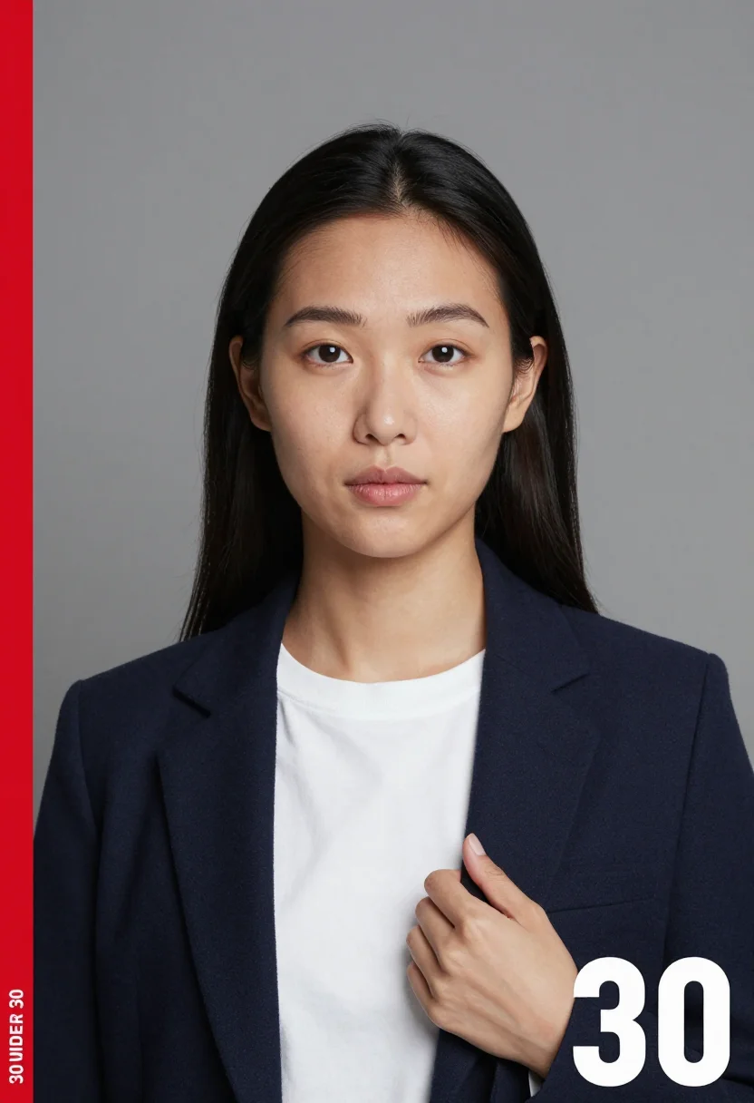 AI forbes 30 under 30 sample — close head-and-shoulders portrait of a woman in her late twe