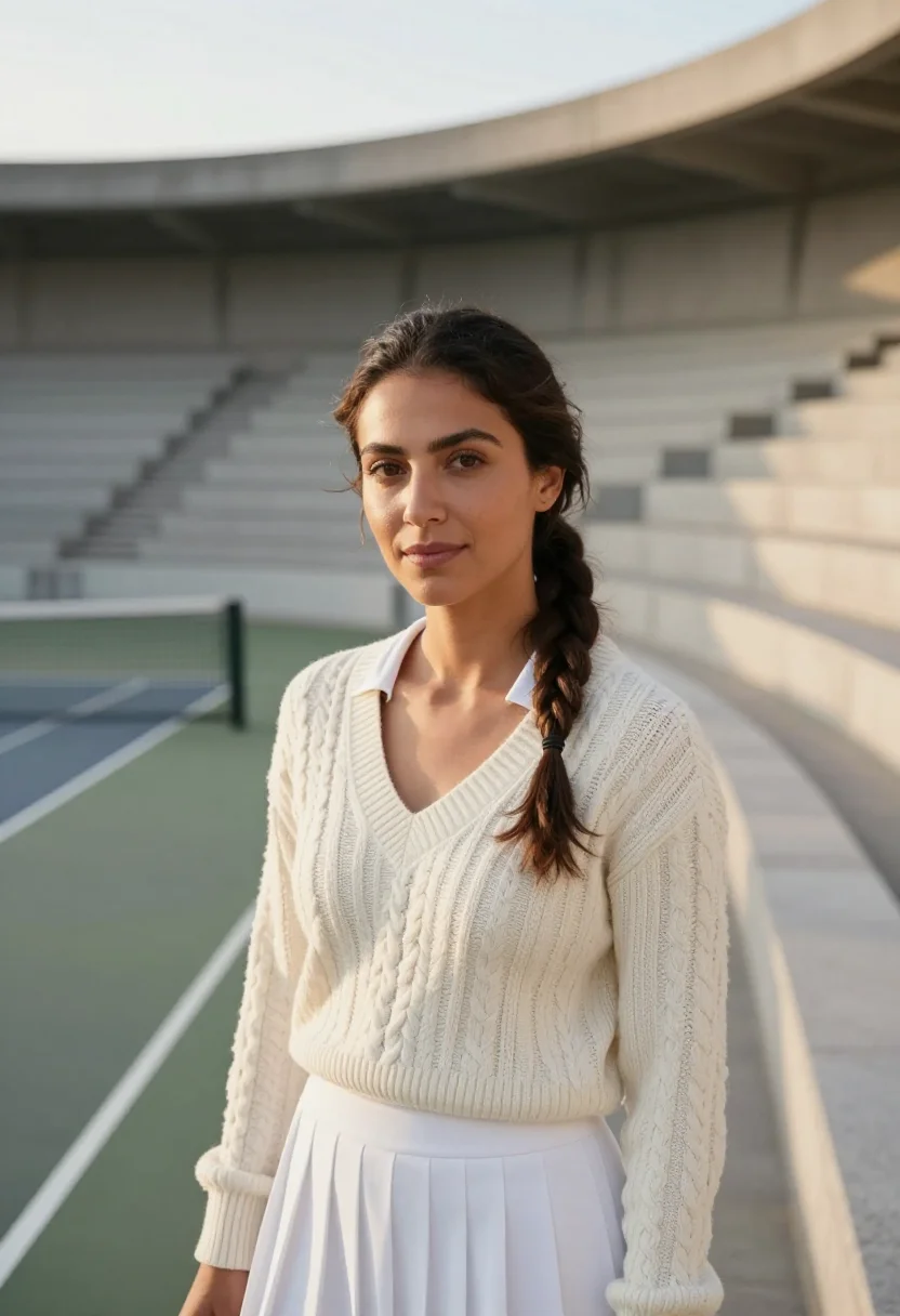 AI forest hills tennis coach ivory sample — portrait of a woman, a Latina woman in her thirties with hon