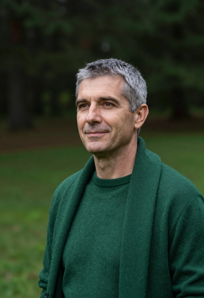 AI forest knit headshot sample — portrait of a man, close headshot of a Western-European man
