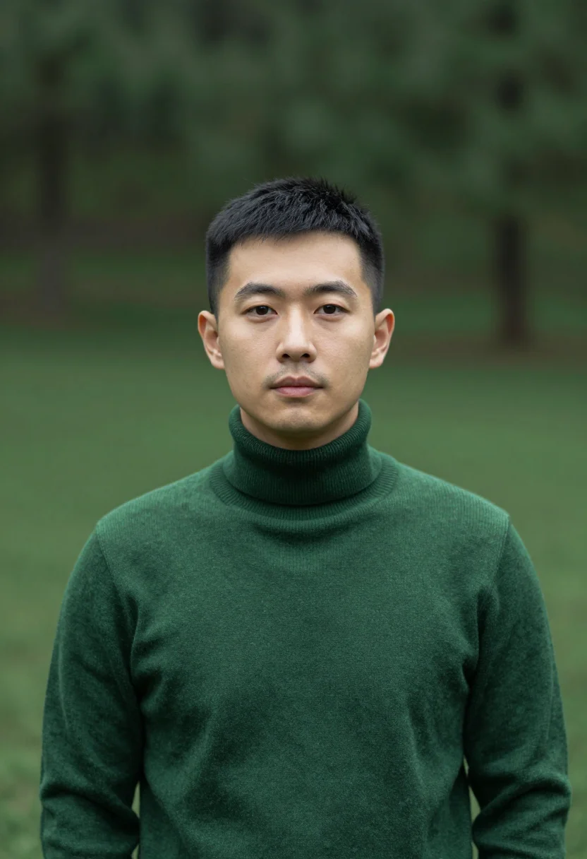 AI forest knit headshot sample — portrait of a man, chest-up portrait of an East-Asian man in