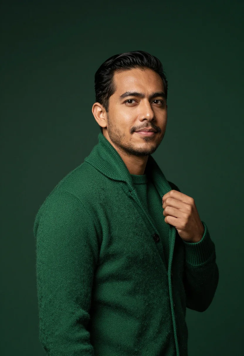 AI forest knit headshot sample — portrait of a man, chest-up three-quarter portrait of a Lati
