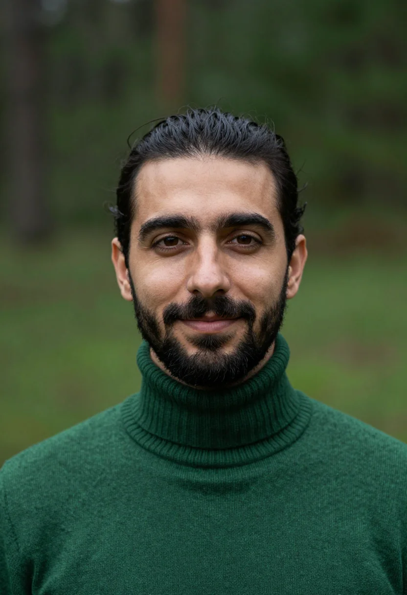 AI forest knit headshot sample — portrait of a man, tight headshot of a Mediterranean man in