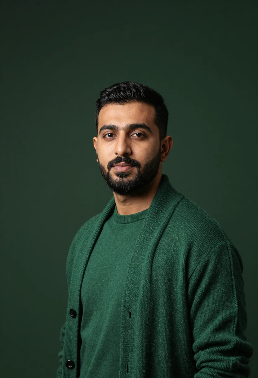 AI forest knit headshot sample — portrait of a man, head-and-shoulders three-quarter portrait