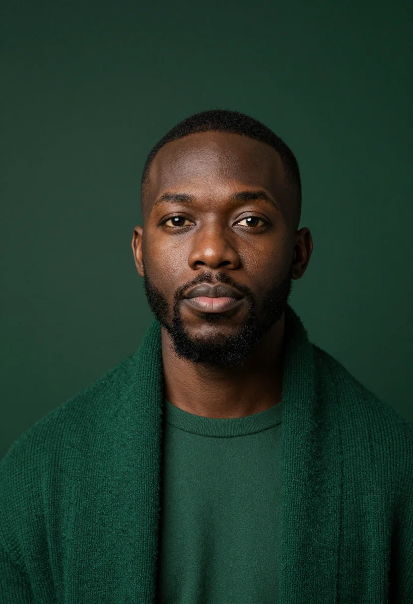 AI forest knit headshot sample — portrait of a man, head-and-shoulders portrait of a Black ma