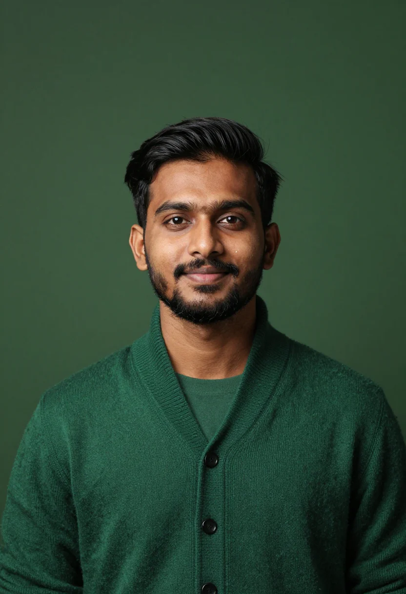 AI forest knit headshot sample — portrait of a man, close headshot of a South-Asian man in hi