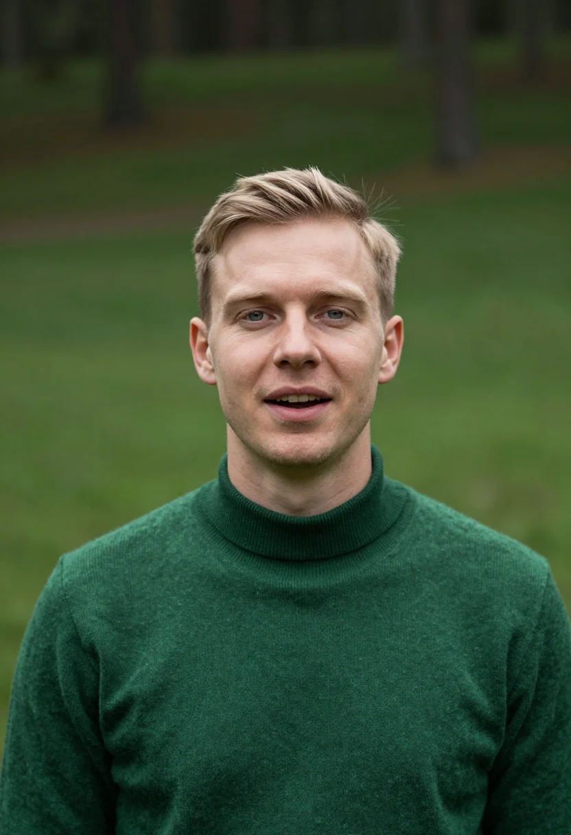 AI forest knit headshot sample — portrait of a man, close headshot of a Nordic man in his ear