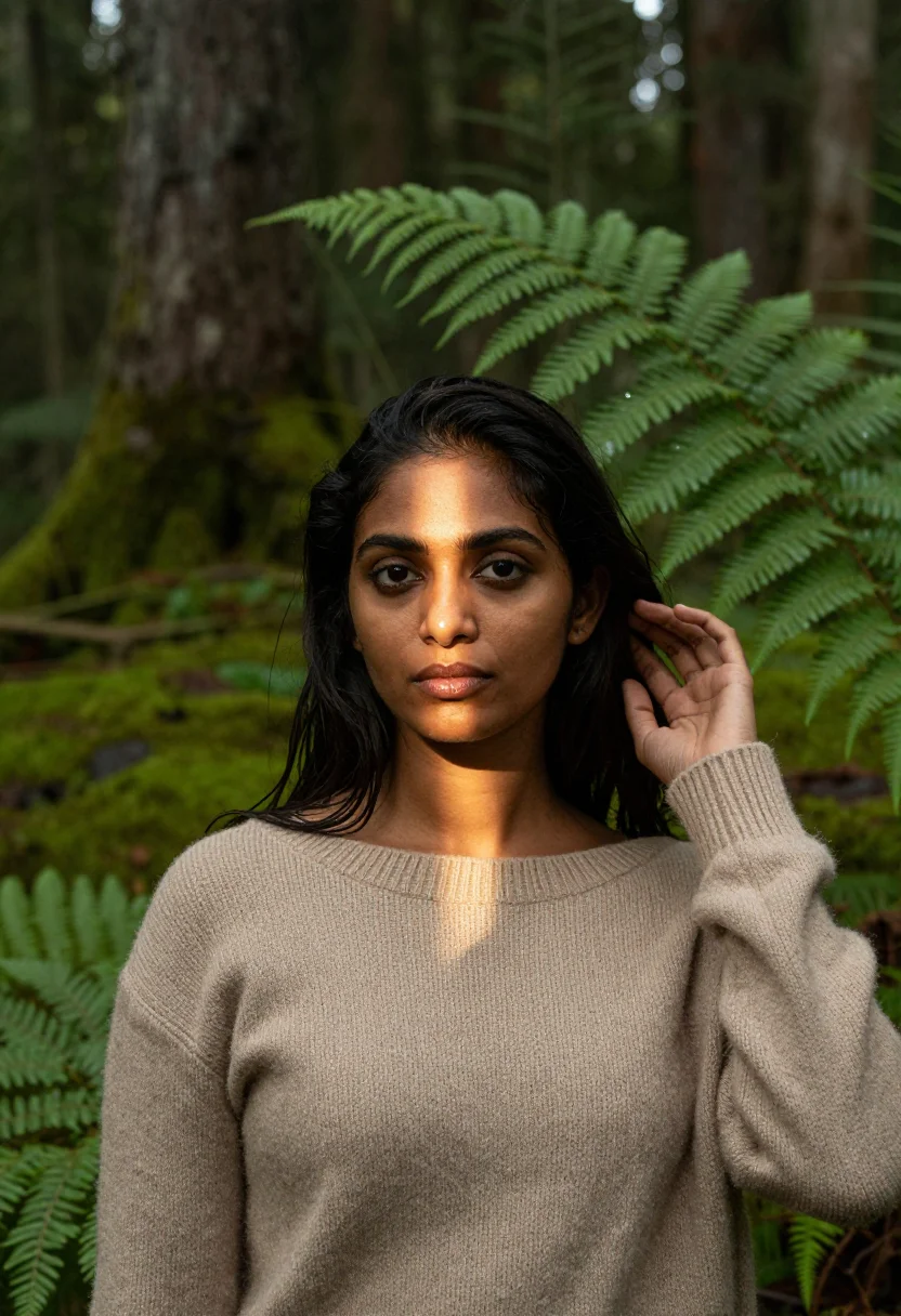 AI forest sample — head-and-shoulders portrait of a South-Asian woman with warm