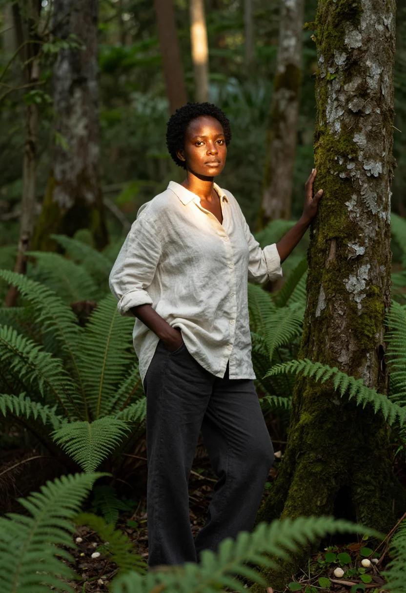 AI forest sample — three-quarter-length portrait of a woman of East African des