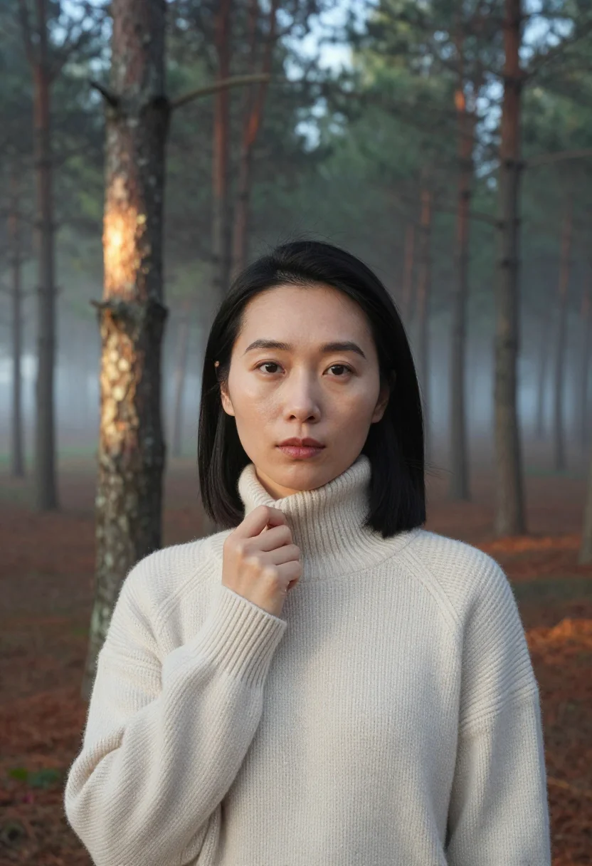AI forest sample — head-and-shoulders portrait of an East-Asian woman with warm