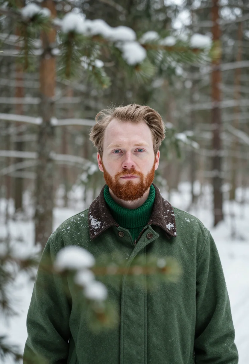 AI forester winter green sample — portrait of a man, framed head and shoulders, tighter, the b