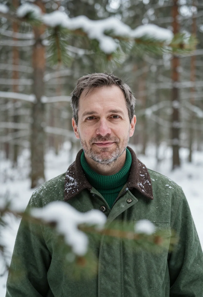 AI forester winter green sample — portrait of a man, framed tight on the head and the collar,
