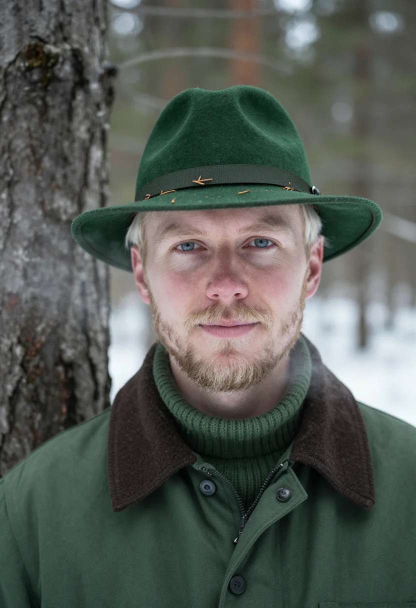 AI forester winter green sample — portrait of a man, framed tight on the head and the collar,