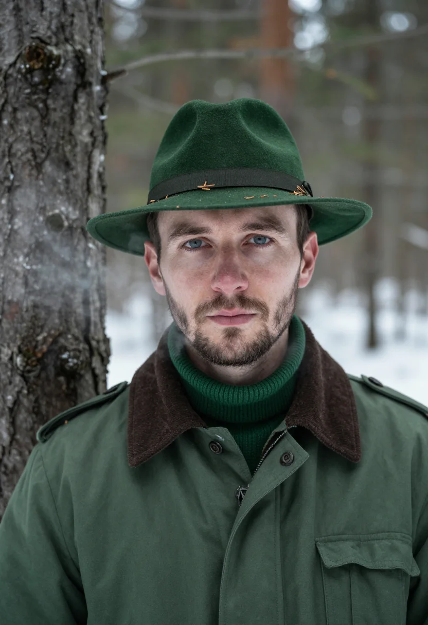 AI forester winter green sample — portrait of a man, framed head and shoulders, tighter, the b