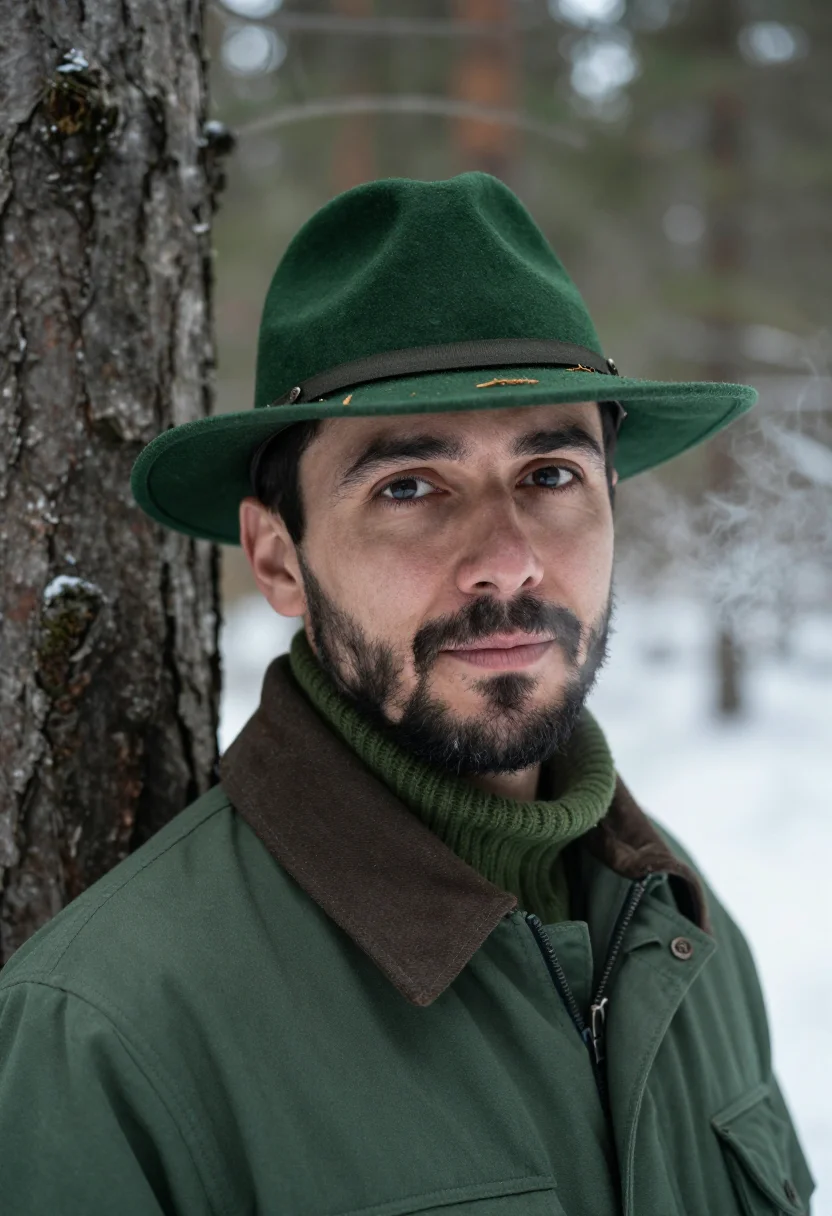AI forester winter green sample — portrait of a man, framed tight on the head and the collar,
