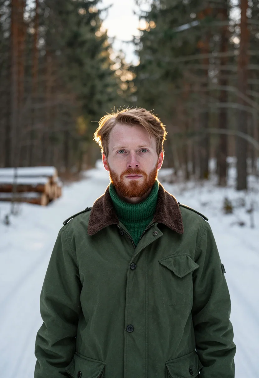 AI forester winter green sample — portrait of a man, framed chest-up from the ribs with the bo