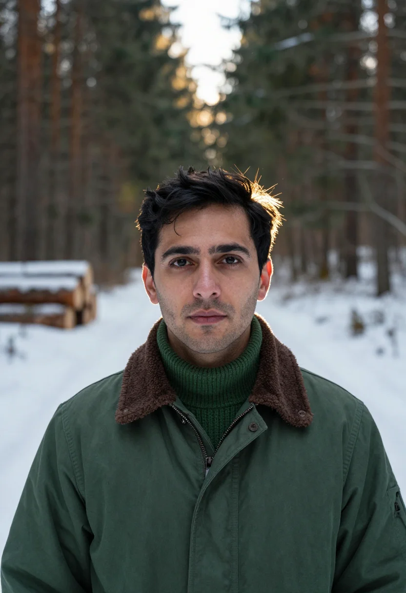 AI forester winter green sample — portrait of a man, framed tight on the head and the collar,