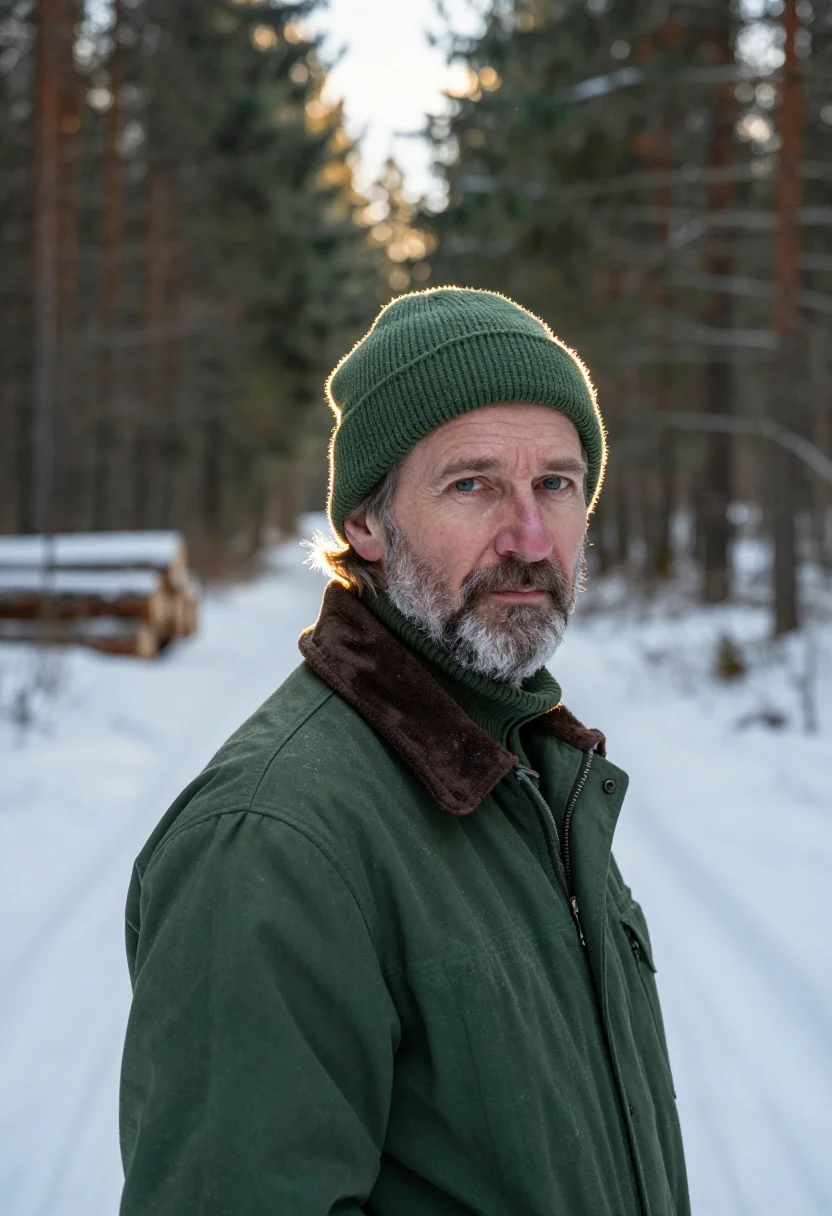 AI forester winter green sample — portrait of a man, framed head and shoulders, tighter, the b