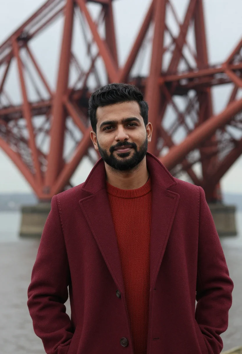 AI forth bridge engineer red oxide sample — portrait of a man, a structural engineer in his thirties of