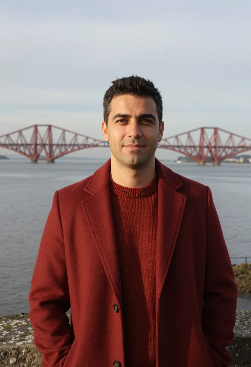 AI forth bridge engineer red oxide sample — portrait of a man, a structural engineer in his forties of I