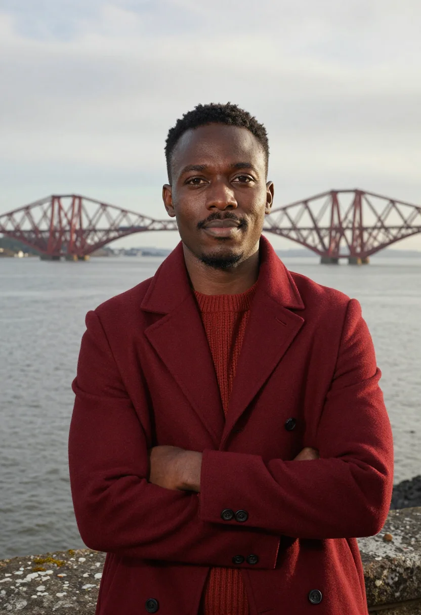 AI forth bridge engineer red oxide sample — portrait of a man, a structural engineer in his thirties of