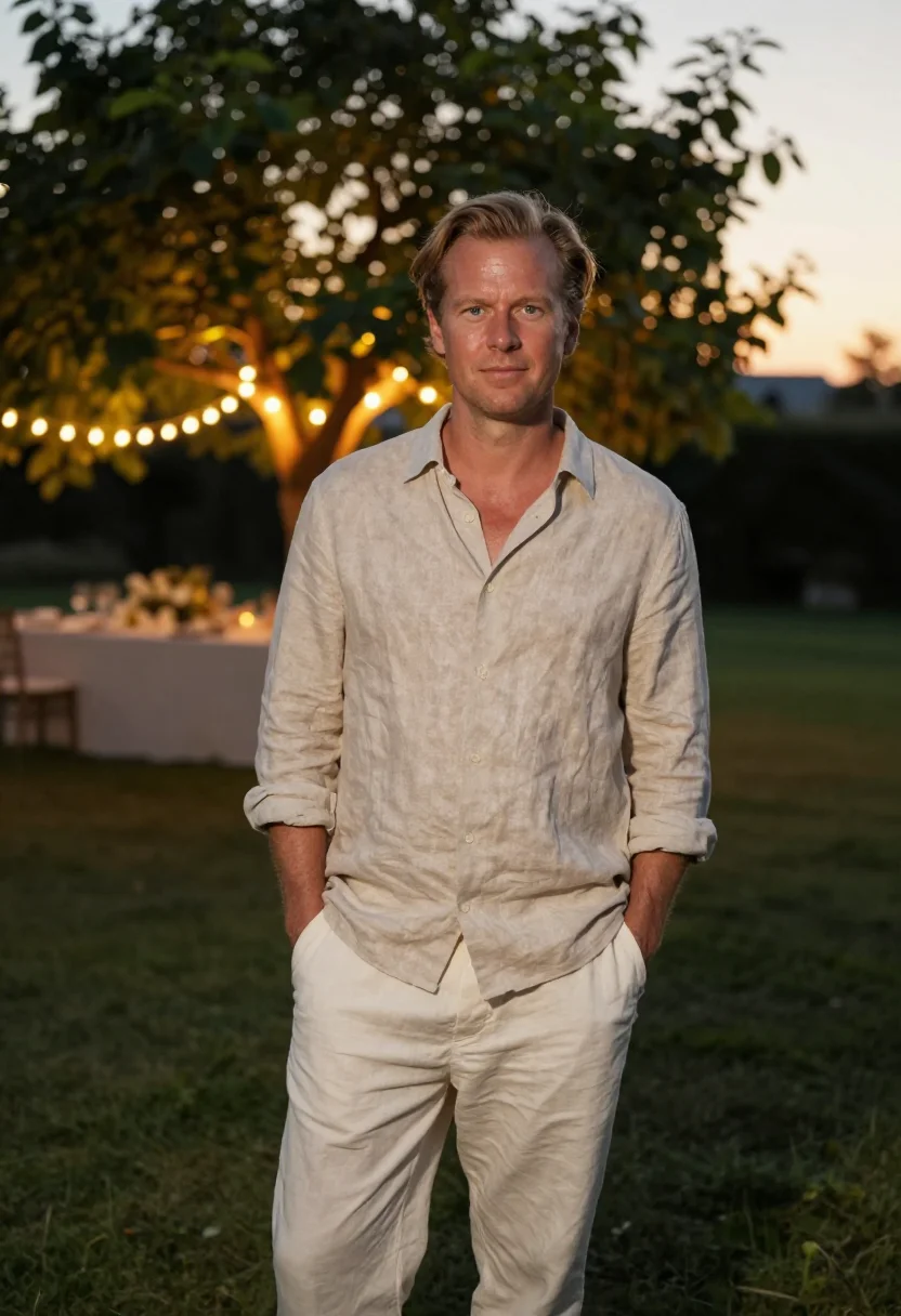 AI fortieth garden party may linen men sample — portrait of a man, a German man of forty with fair skin, blu