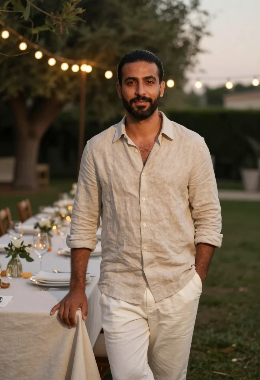 AI fortieth garden party may linen men sample — portrait of a man, a Lebanese man of forty with honey-olive