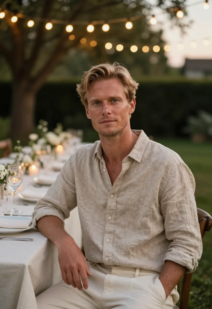 AI fortieth garden party may linen men sample — portrait of a man, a Dutch man of forty with fair skin, grey
