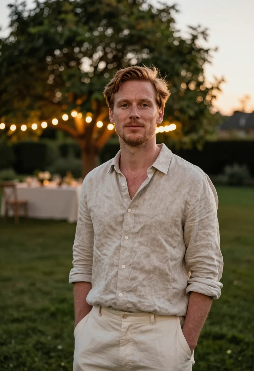 AI fortieth garden party may linen men sample — portrait of a man, an Irish man of forty with fair freckled