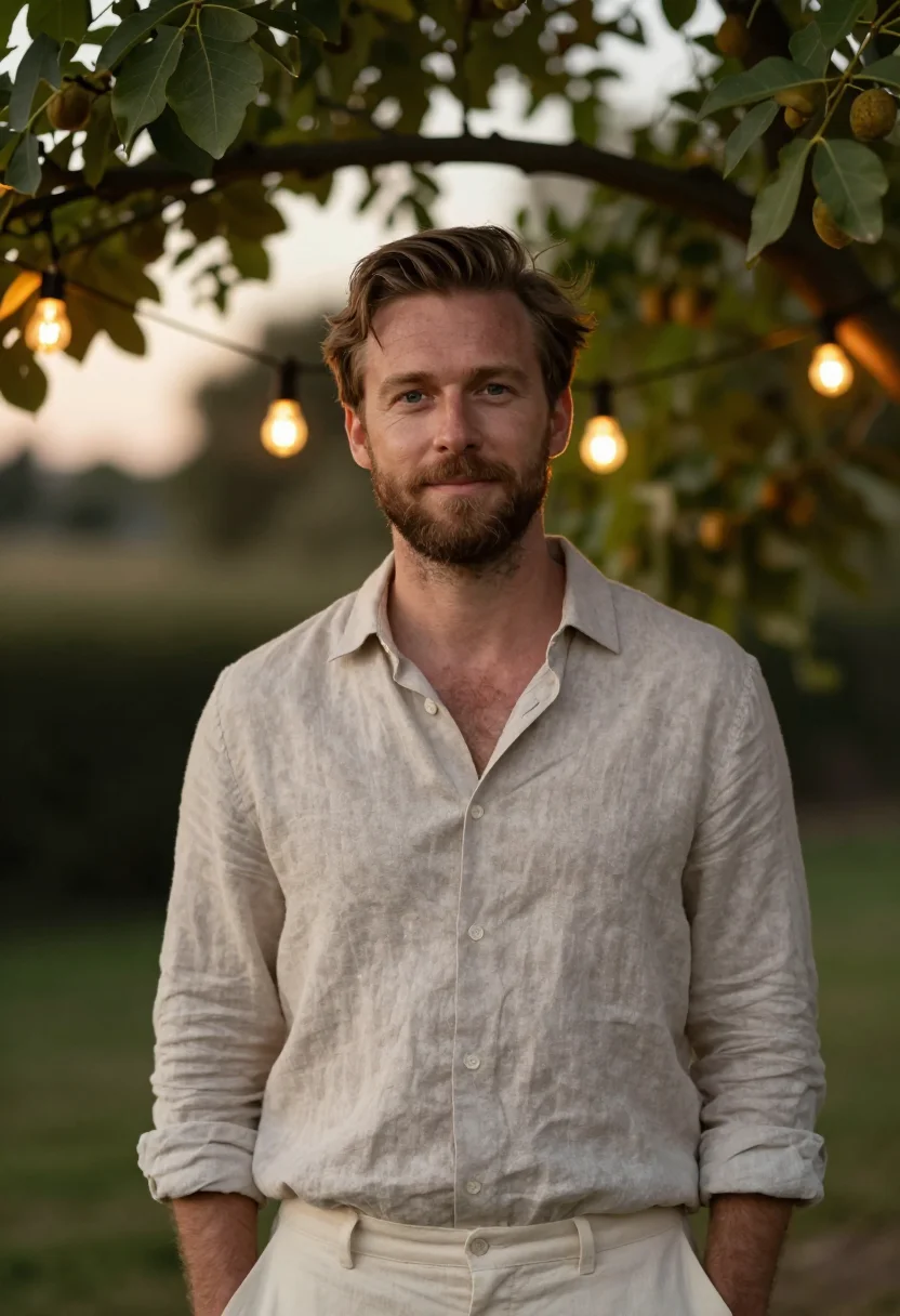 AI fortieth garden party may linen men sample — portrait of a man, an English man of forty with fair skin, b