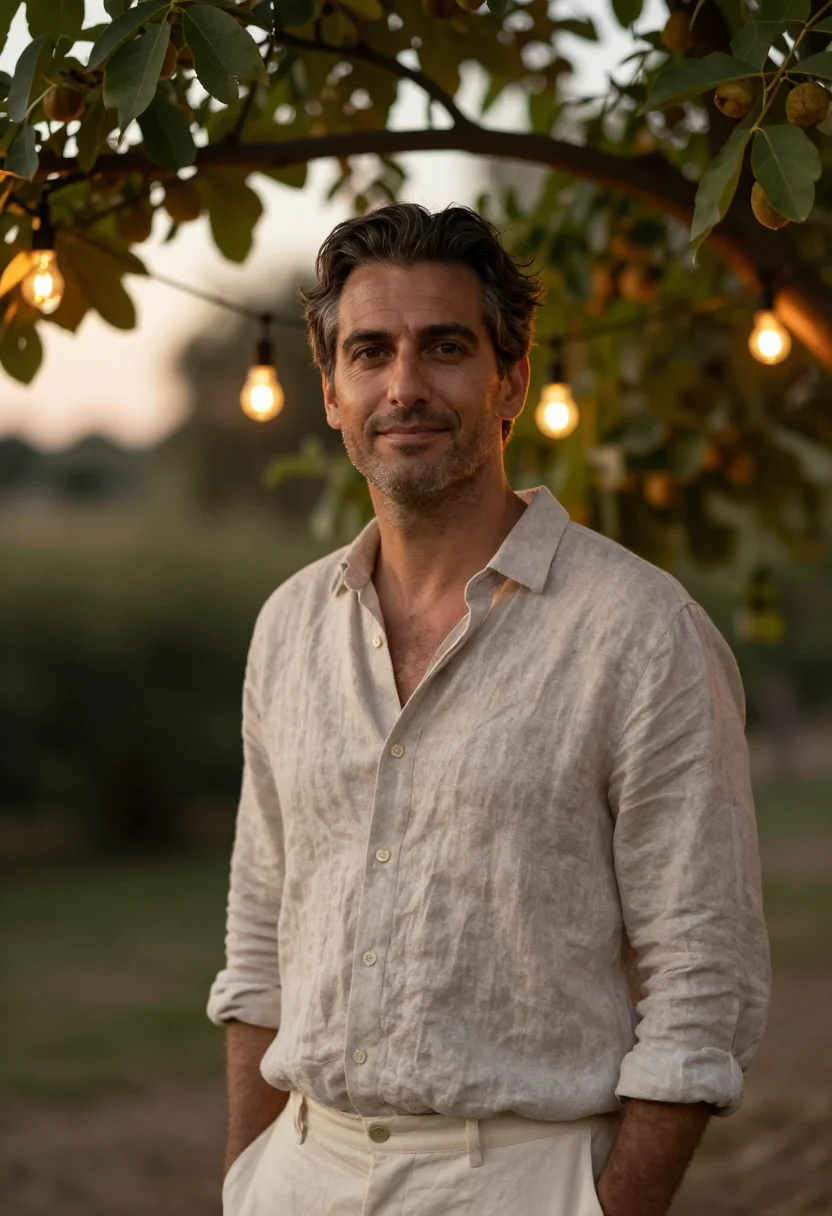 AI fortieth garden party may linen men sample — portrait of a man, a French man of forty with olive skin, br