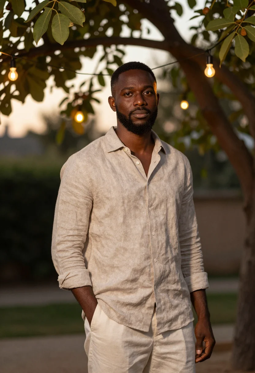 AI fortieth garden party may linen men sample — portrait of a man, a Nigerian-British man of forty with deep