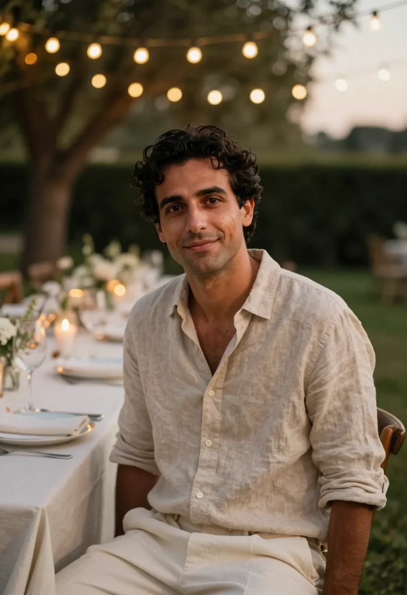 AI fortieth garden party may linen men sample — portrait of a man, an Italian man of forty with warm olive s