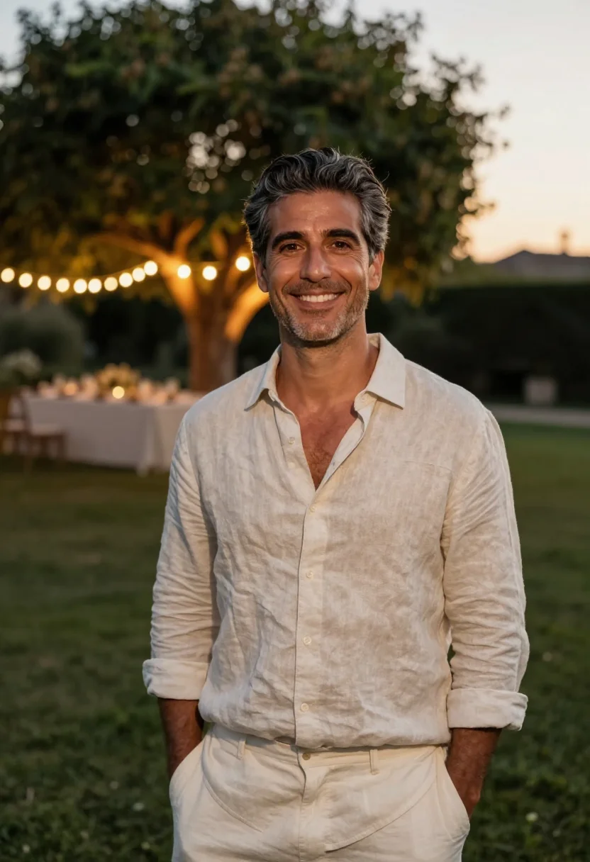 AI fortieth garden party may linen men sample — portrait of a man, a Spanish man of forty with tanned olive