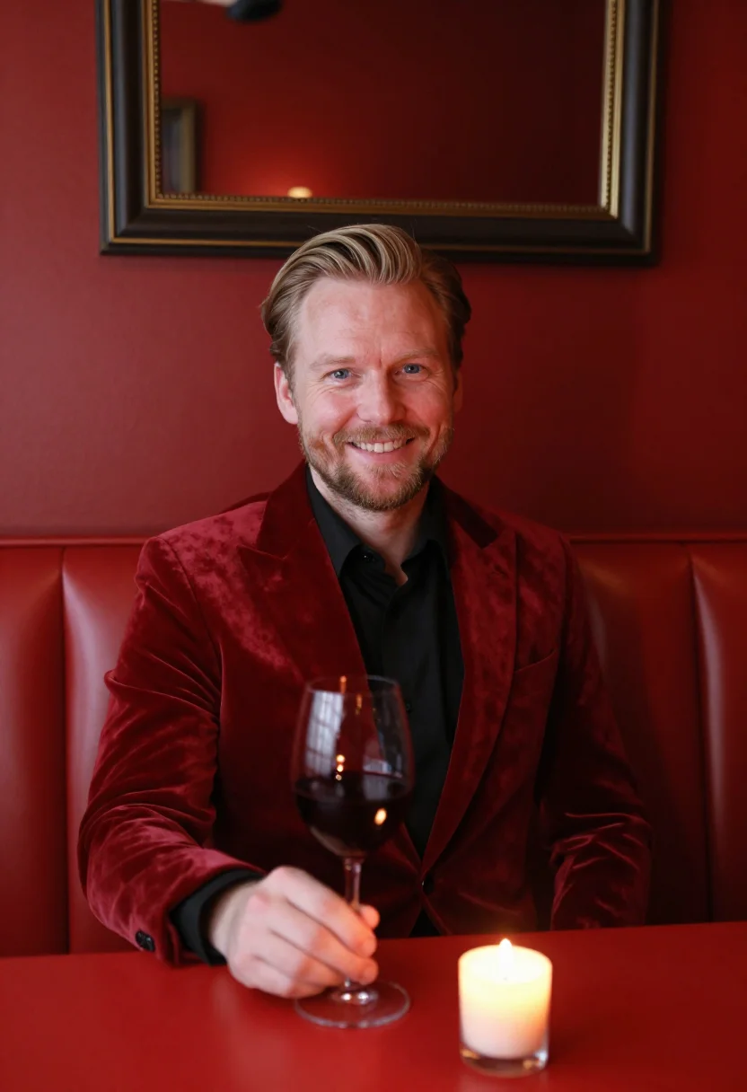 AI fortieth supper red velvet sample — portrait of a man, framed half-length from the head to the h