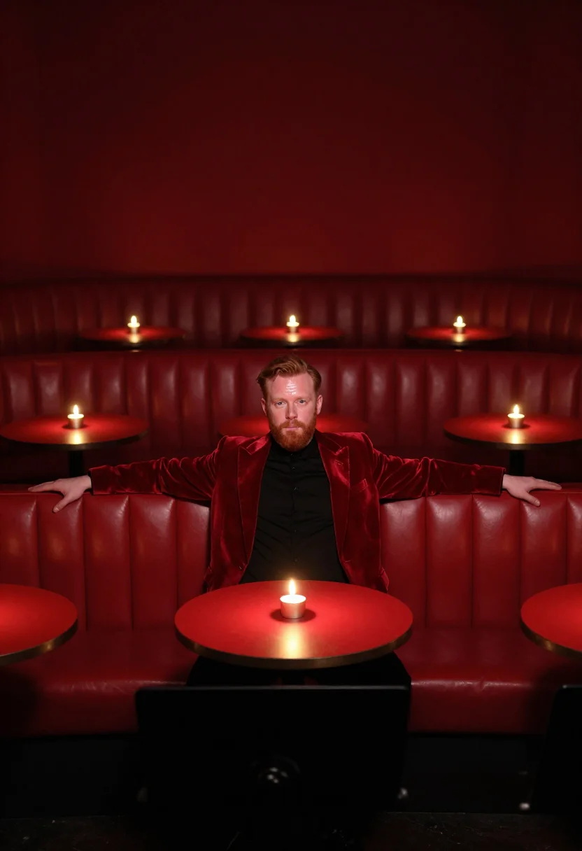 AI fortieth supper red velvet sample — portrait of a man, framed wide and full-length from the stag