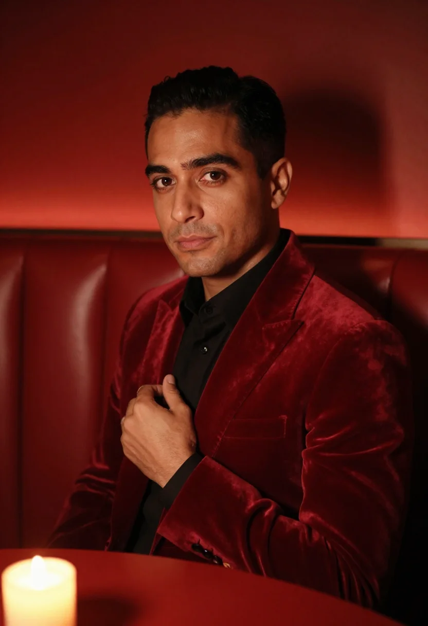 AI fortieth supper red velvet sample — portrait of a man, framed chest-up, cropped at the ribs, the