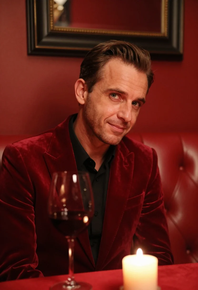 AI fortieth supper red velvet sample — portrait of a man, framed tight, head and shoulders, the bod