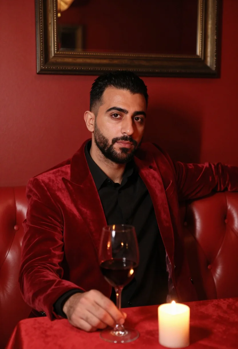 AI fortieth supper red velvet sample — portrait of a man, framed chest-up, cropped at the ribs, the