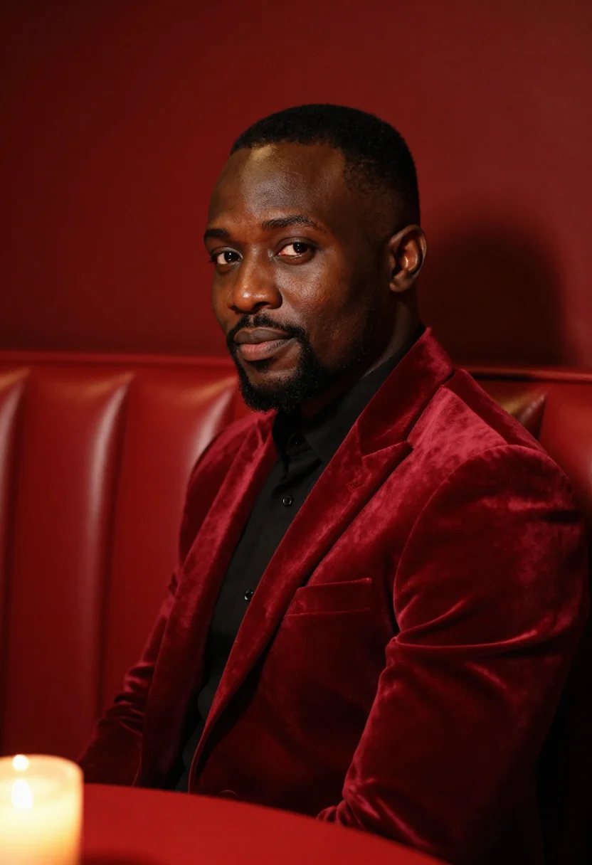 AI fortieth supper red velvet sample — portrait of a man, framed tight, head and shoulders from a t