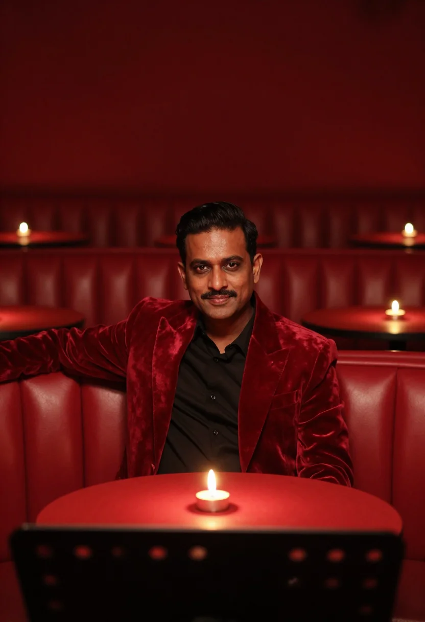 AI fortieth supper red velvet sample — portrait of a man, framed chest-up, cropped at the ribs, the