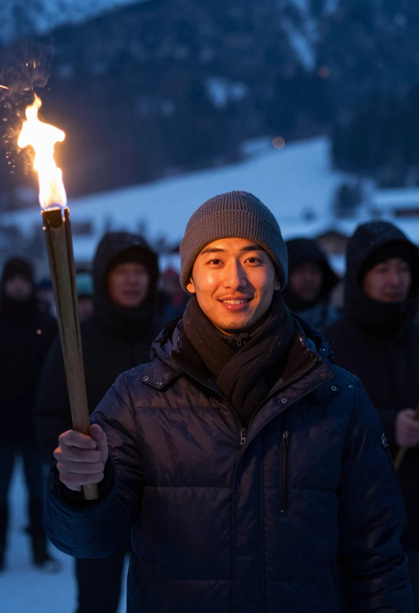 AI four hills bischofshofen torchlight sample — portrait of a man, framed chest-up, cropped at the ribs, the