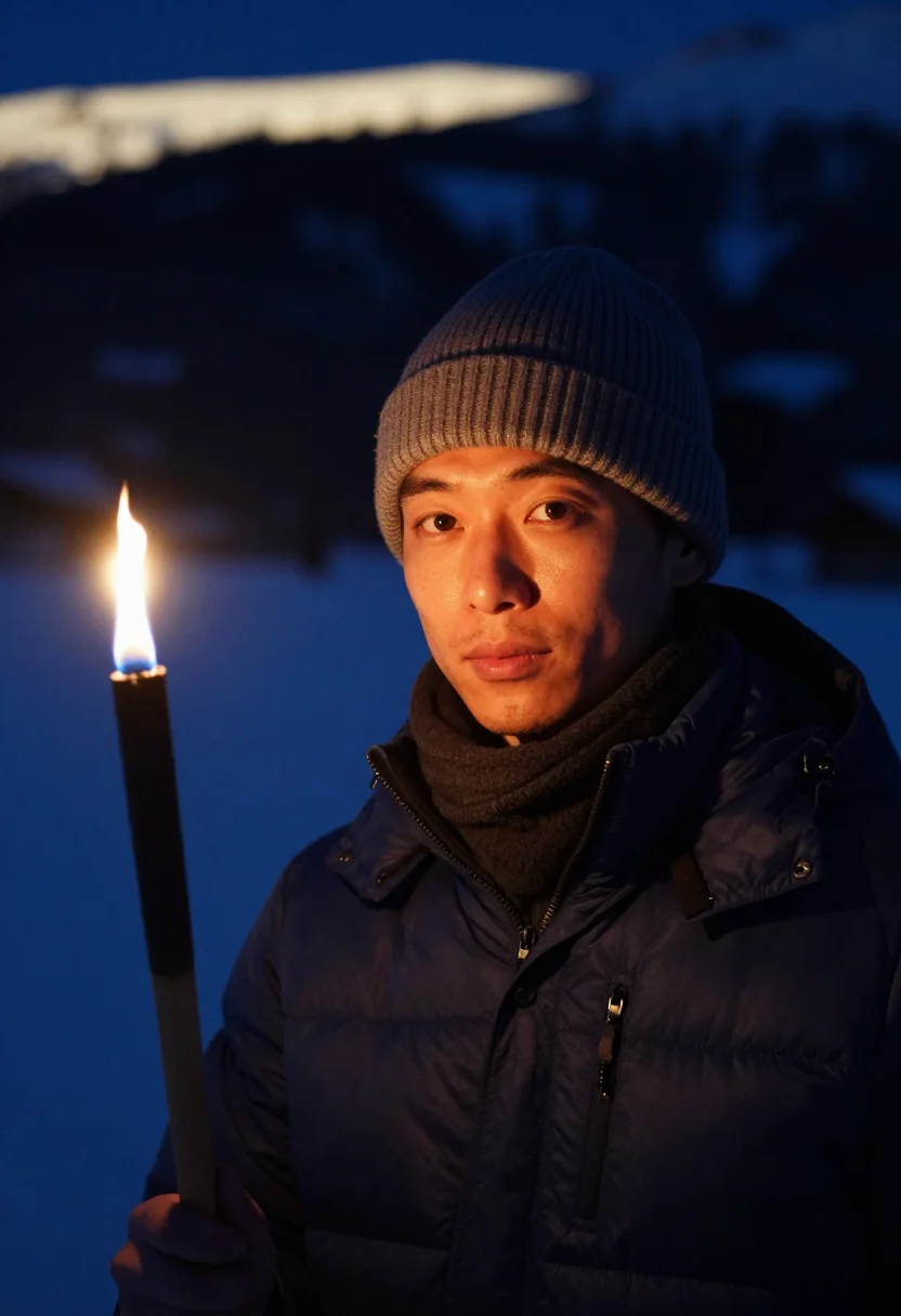 AI four hills bischofshofen torchlight sample — portrait of a man, framed tight, head and shoulders, the bod