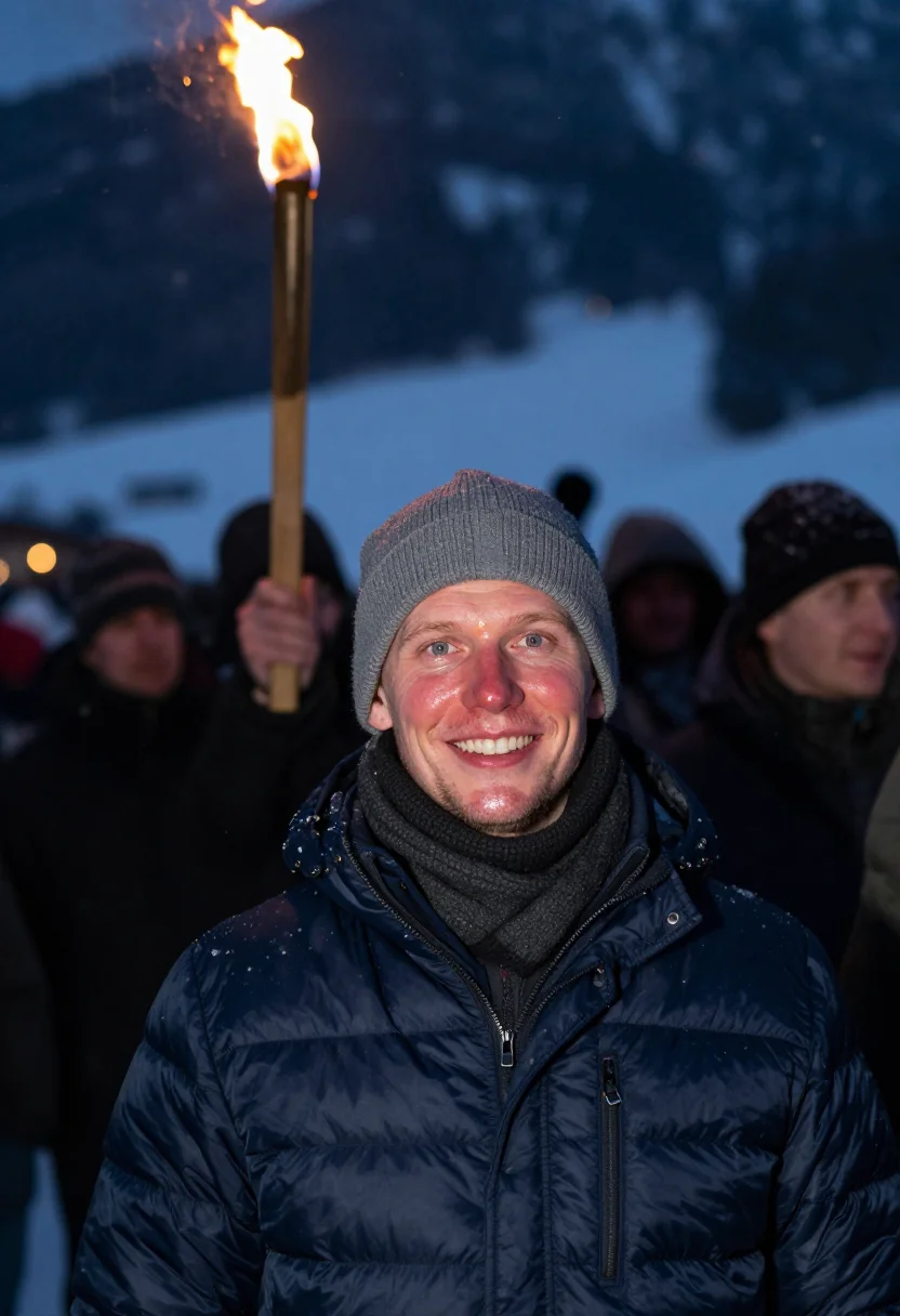 AI four hills bischofshofen torchlight sample — portrait of a man, framed tight, head and shoulders, the bod
