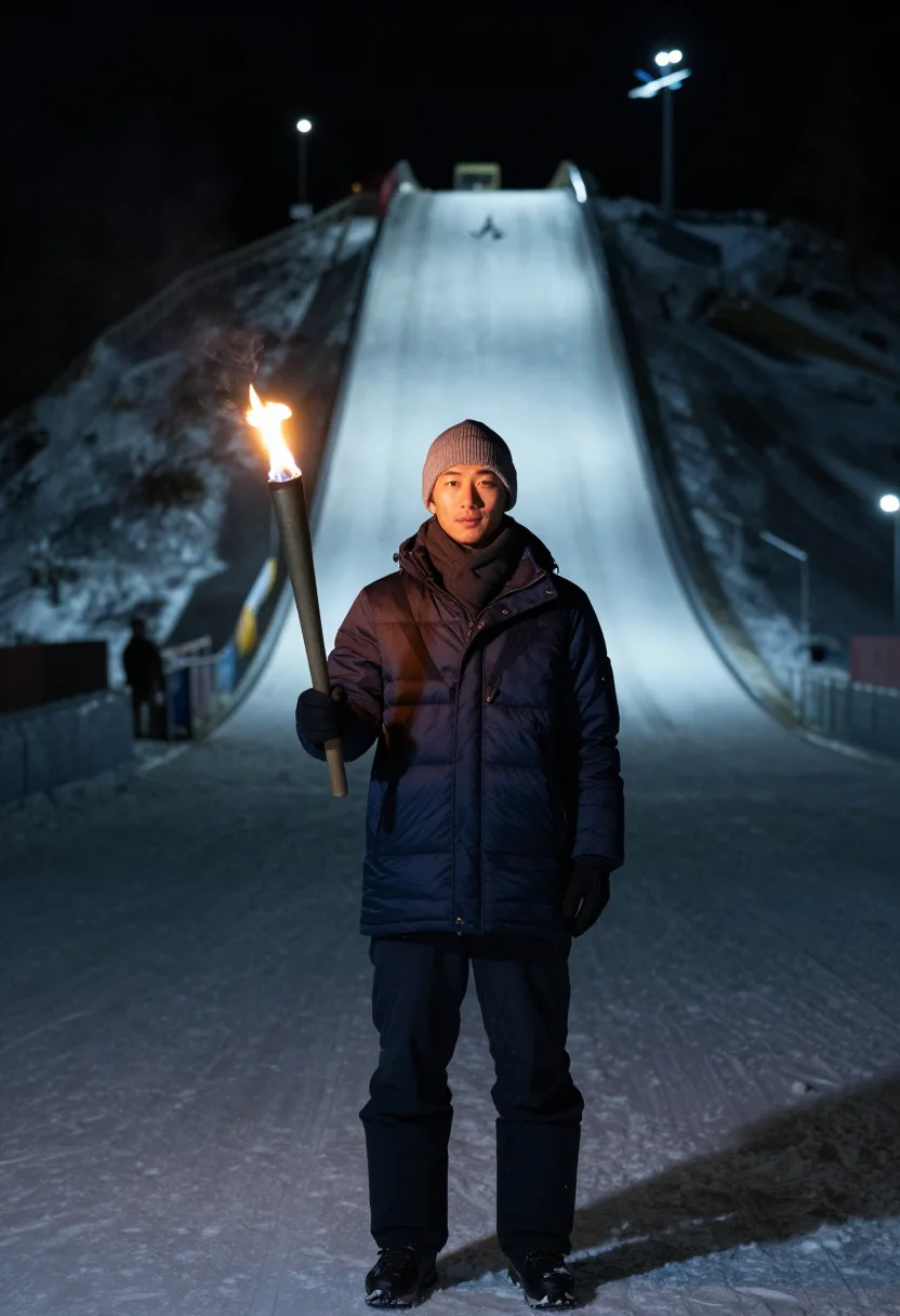 AI four hills bischofshofen torchlight sample — portrait of a man, framed full-length from the head to the f