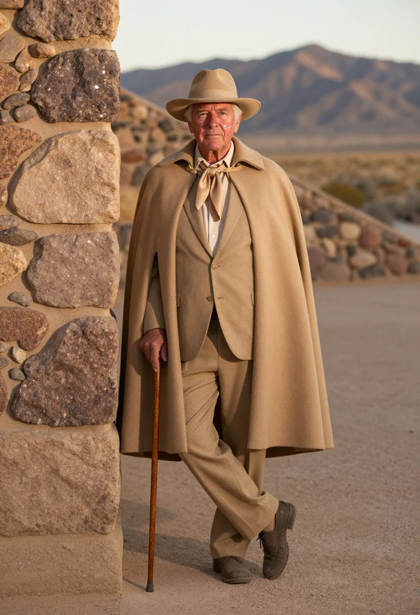 AI frank lloyd wright taliesin west january sand sample — portrait of a man, framed full length from the hat to the sh