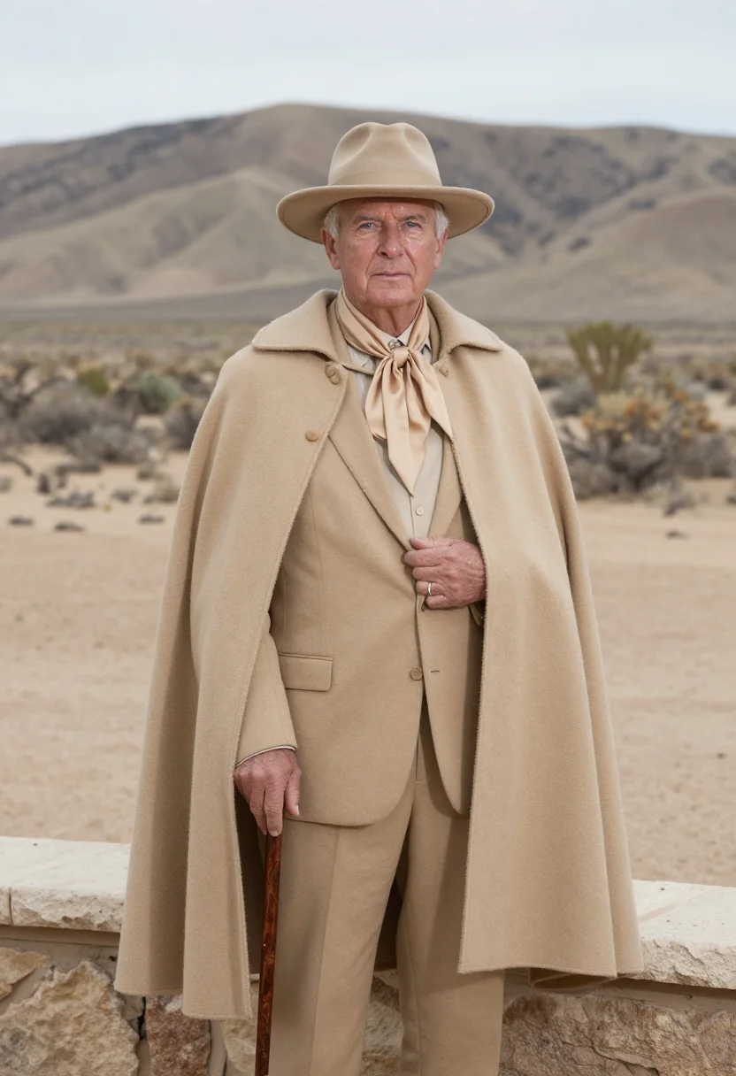 AI frank lloyd wright taliesin west january sand sample — portrait of a man, framed half-length from the hat to the wa