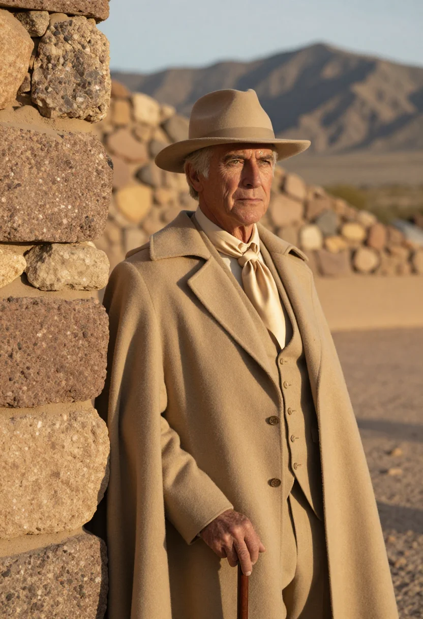 AI frank lloyd wright taliesin west january sand sample — portrait of a man, framed chest-up, cropped at the ribs, the